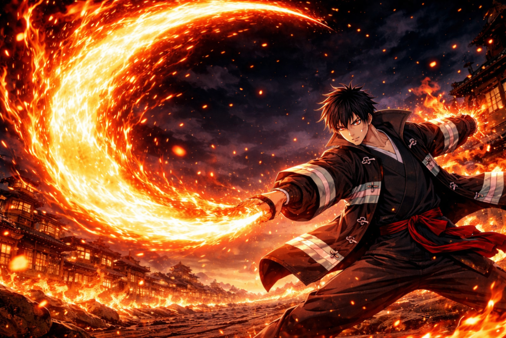 This image captures Benimaru performing one of his devastating flame techniques, showcasing his ability to control and launch massive fire attacks with incredible precision.