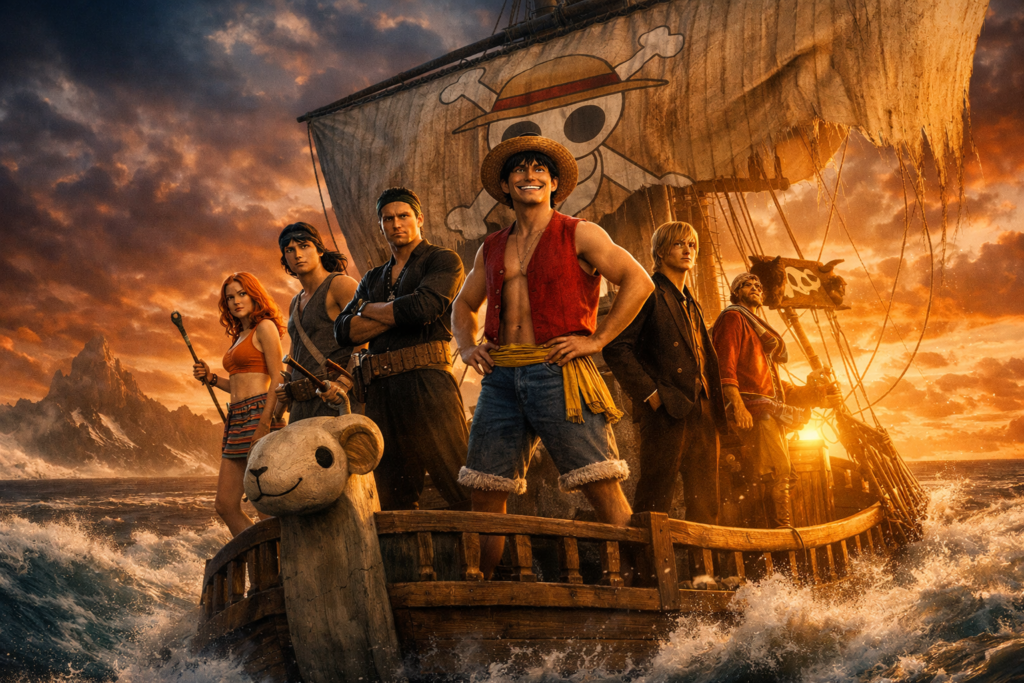 This image represents the beginning of the Straw Hat Pirates’ new adventure in Season 2, as they sail toward the mysterious and dangerous Grand Line.