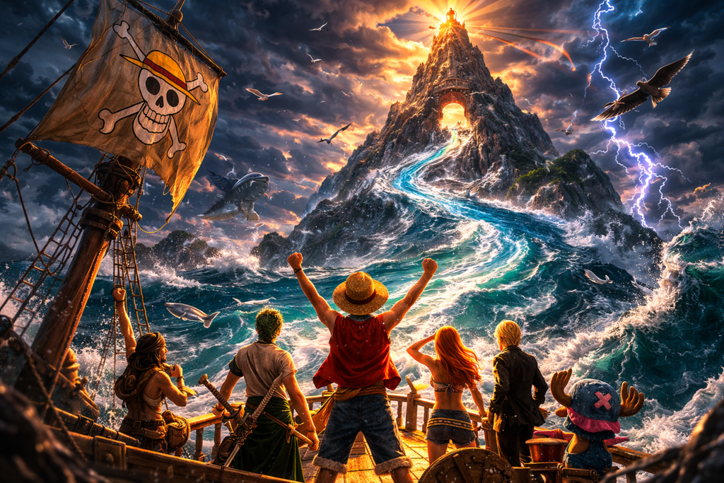 This image symbolizes the Straw Hats entering the Grand Line through Reverse Mountain, marking the beginning of their legendary journey.