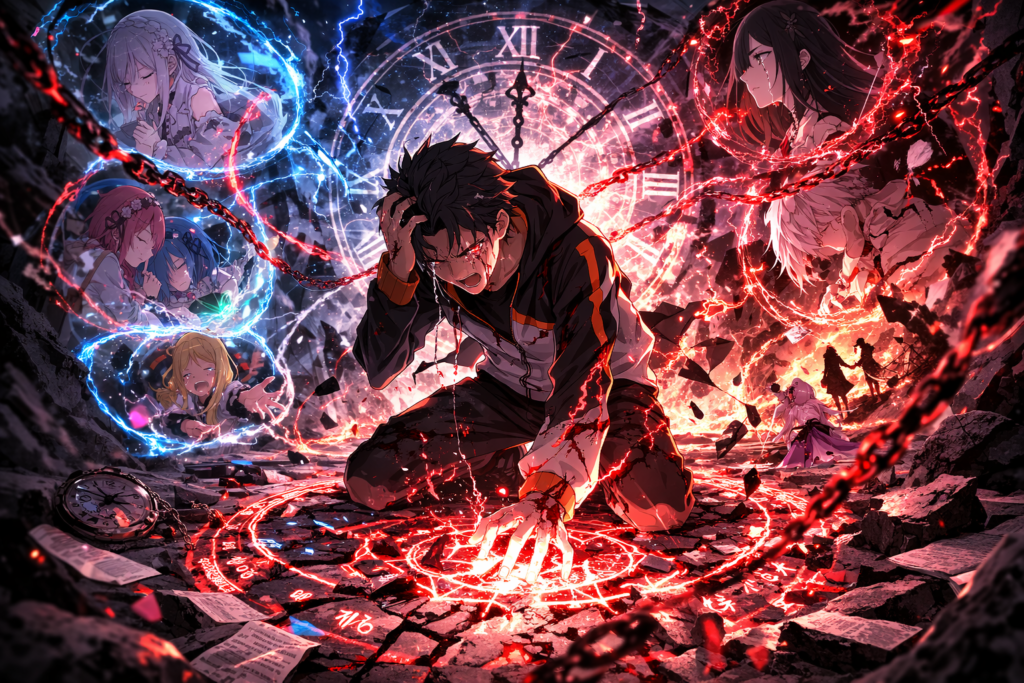 The image symbolizes Subaru’s terrifying ability ‘Return by Death’, a power that forces him to relive tragic moments again and again while trying to save his friends.