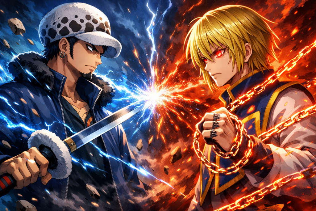 A dramatic anime-style poster showing two powerful strategists preparing for battle, highlighting the tension between spatial powers and Nen chains.