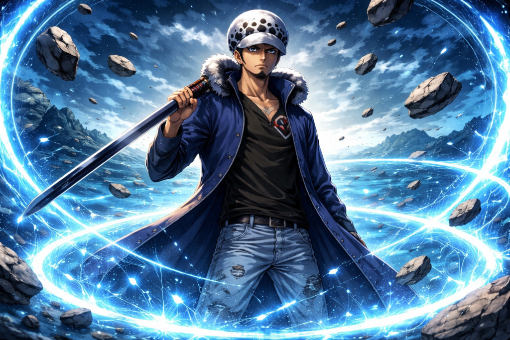 A powerful visual of the strategic pirate surgeon controlling space within his mysterious energy field.