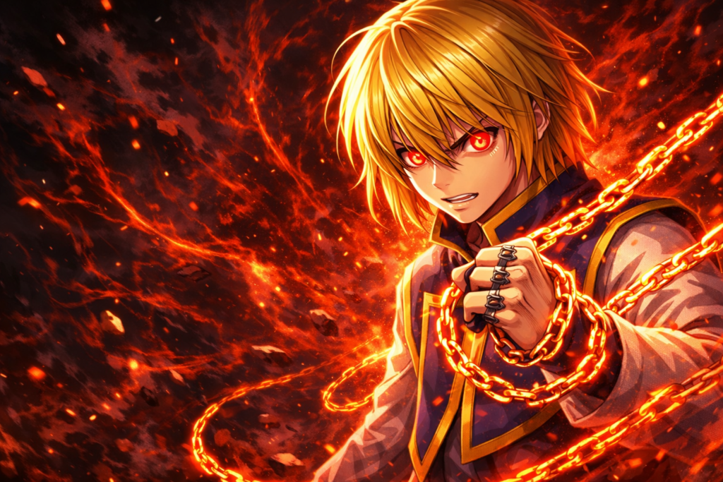 A powerful moment showing Kurapika’s Scarlet Eyes activating as his determination and rage ignite his Nen abilities.