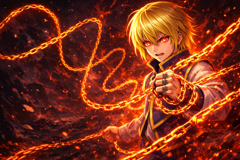 Kurapika unleashes his deadly chain techniques, demonstrating his precise and calculated combat style.