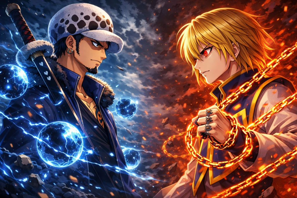 A tense pre-battle moment highlighting the strategic minds of both fighters before their powers collide.