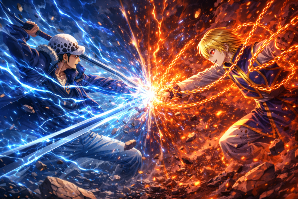 An explosive clash between spatial powers and Nen chains as the battle between two anime tacticians reaches its peak.
