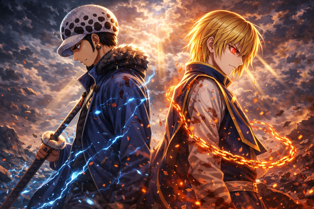 A cinematic ending visual symbolizing the intense battle and the legacy of two brilliant anime fighters.