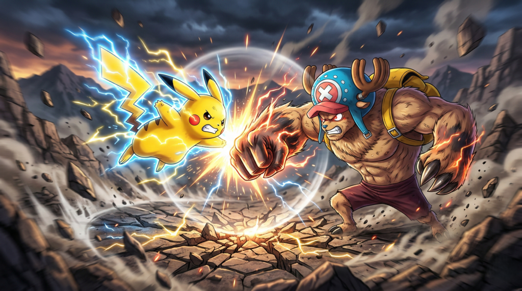 The decisive clash — electricity meets overwhelming physical force in a visually explosive mid-air collision.