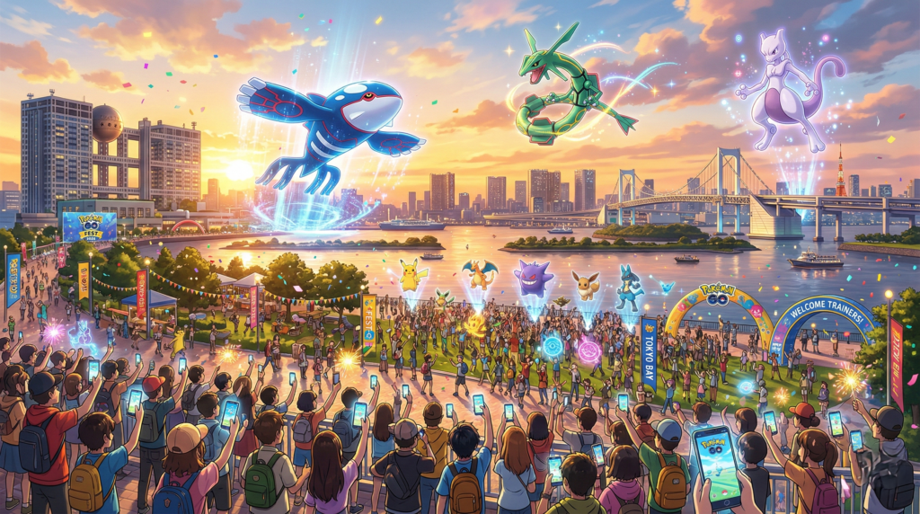 A cinematic sunset scene of Pokémon GO Fest 2026 at Tokyo Bay, with Trainers exploring and rare Pokémon appearing across the waterfront skyline.
