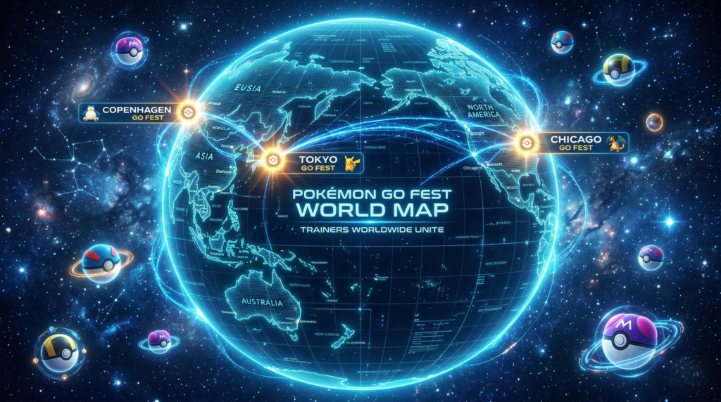A global visual representing Pokémon GO Fest 2026’s international celebrations connecting Trainers worldwide.