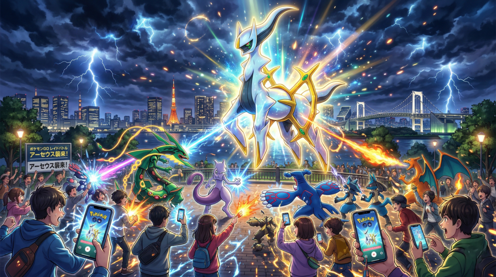 An action-packed raid battle during Pokémon GO Fest 2026, showcasing teamwork and legendary encounters.