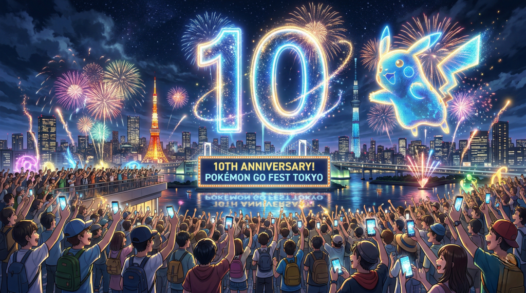 A vibrant 10th anniversary celebration scene marking Pokémon GO’s milestone year during GO Fest 2026 in Tokyo.