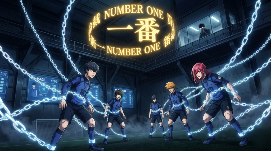 This image illustrates the controversial idea introduced in Chapter 338—that the obsession with becoming number one may be a form of conditioning within the Blue Lock system.