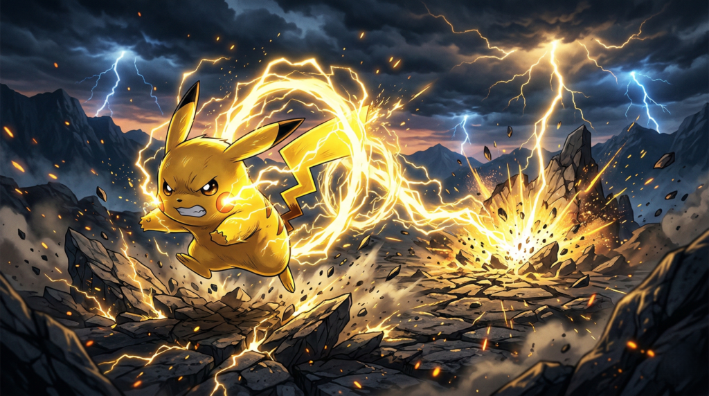 A high-energy battle moment capturing Pikachu’s raw electric power as lightning tears across the battlefield. This image highlights speed, intensity, and elemental dominance.