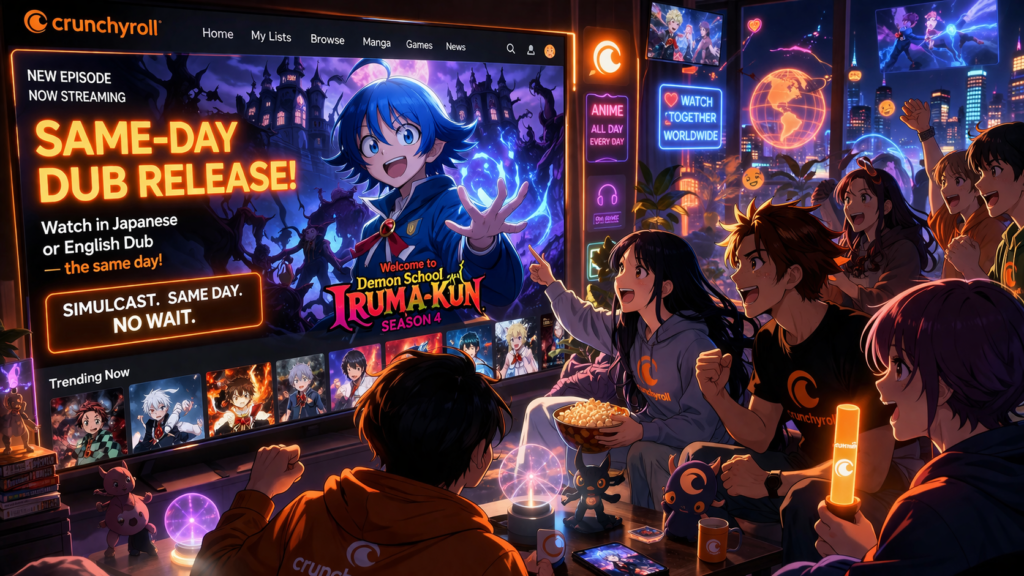 Represents the excitement around Crunchyroll’s same-day English dub release and global fan reaction.
