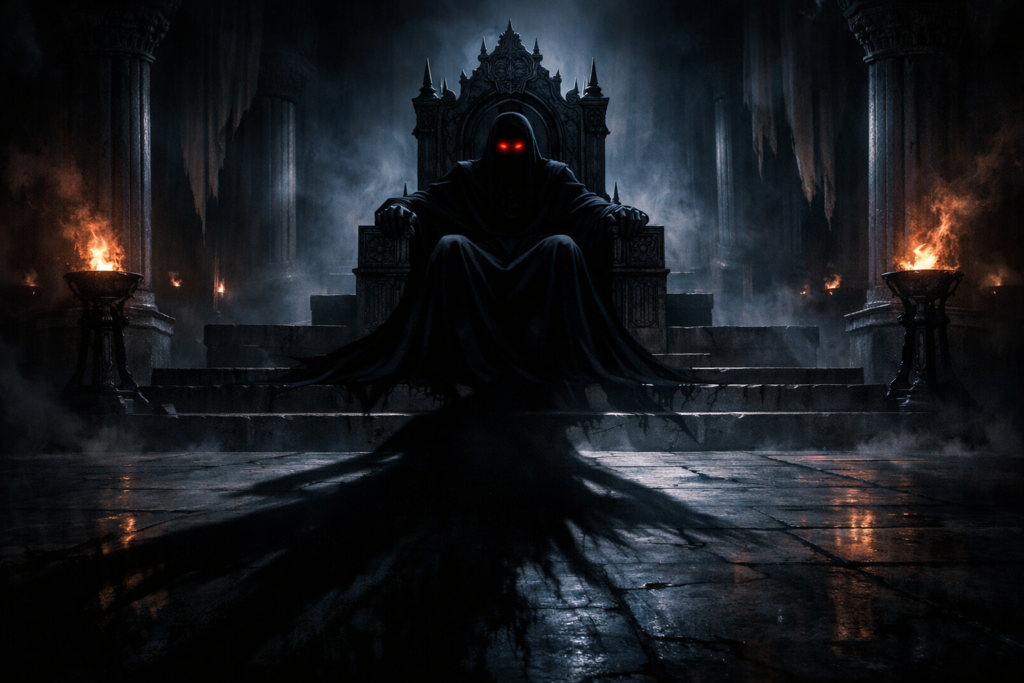 A chilling depiction of Imu’s hidden power, where a shadowy presence dominates a dark throne room, symbolizing ultimate control and fear.