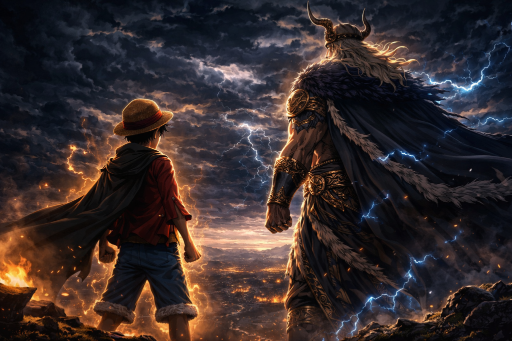 Luffy and Loki unite against a common enemy, symbolizing the beginning of a powerful alliance in the face of darkness.