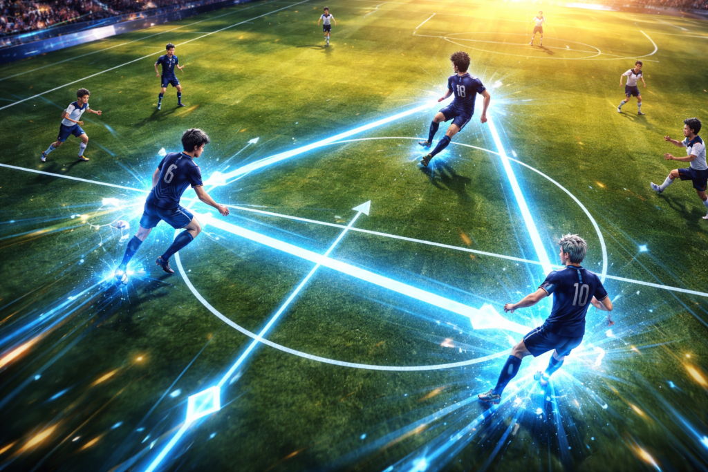 Visualizes the Triangle Build Formation, showing structured teamwork and intelligent positioning on the field.