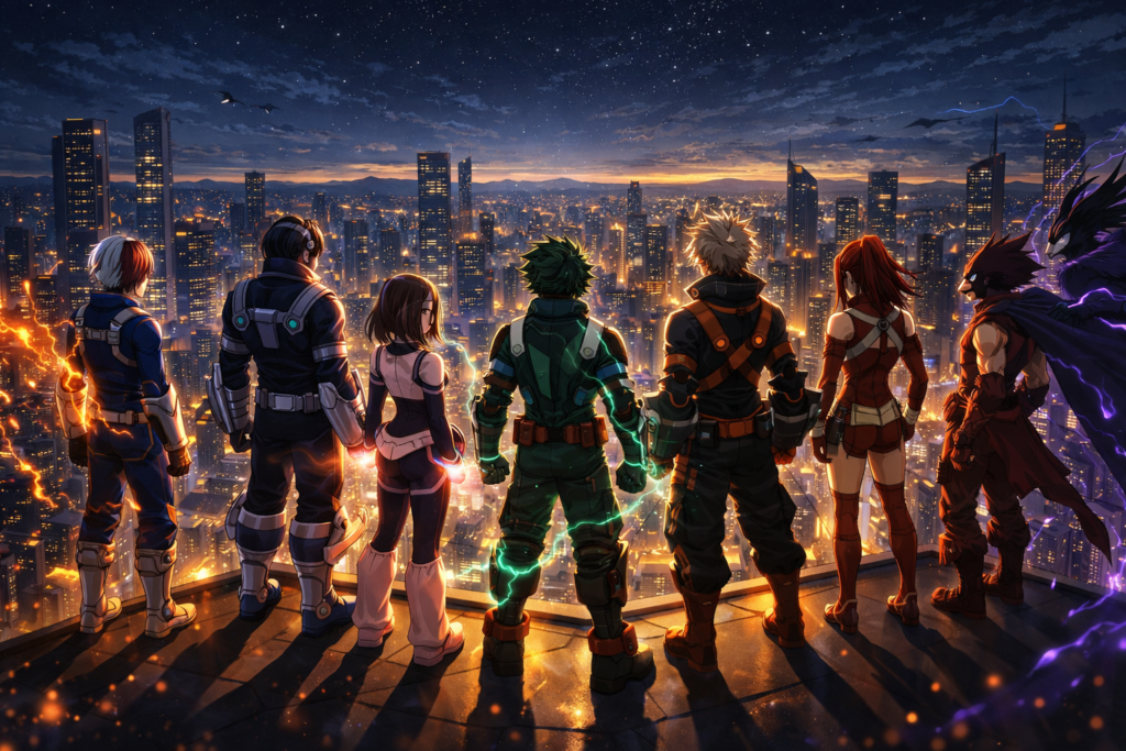 Shows Class 1-A reunited as professional heroes, highlighting their bond and individual evolution.