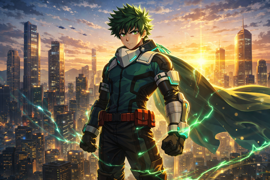 Depicts Deku eight years later as a fully matured Pro Hero, representing growth, strength, and legacy.