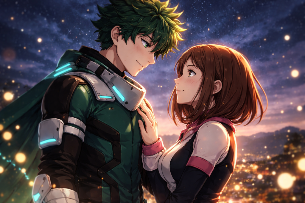 A heartfelt scene capturing the emotional connection between Deku and Uraraka in their adult lives.