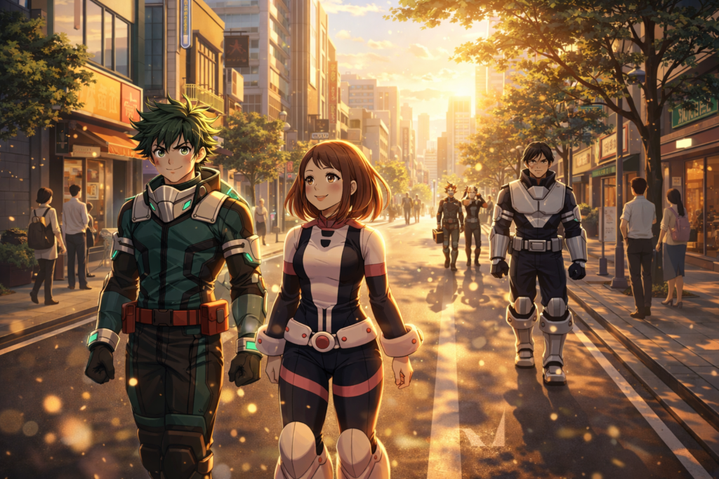 Represents the epilogue tone of Episode “More,” showing a peaceful world protected by the next generation of heroes.