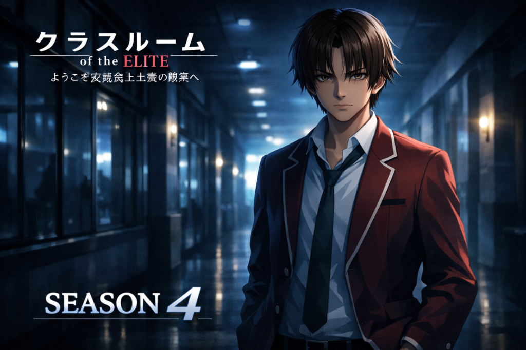 Ayanokoji stands alone, symbolizing the calm yet dangerous beginning of Season 4 and the new psychological battlefield.