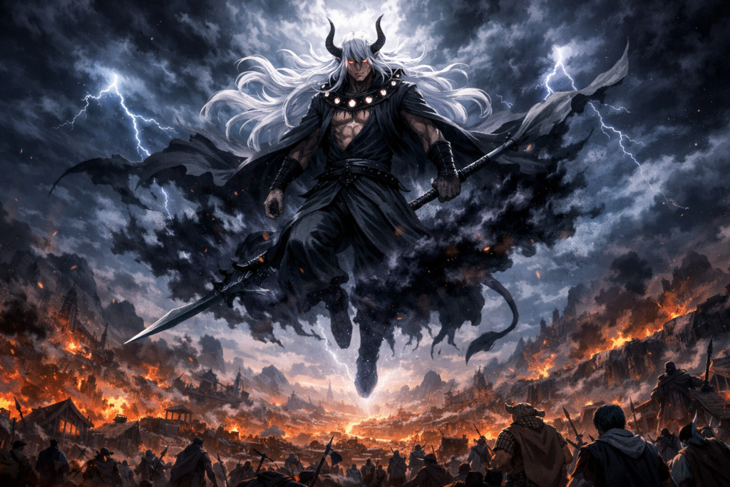 Imu finally reveals himself on the battlefield of Elbaf, radiating a terrifying divine presence that shakes the world.