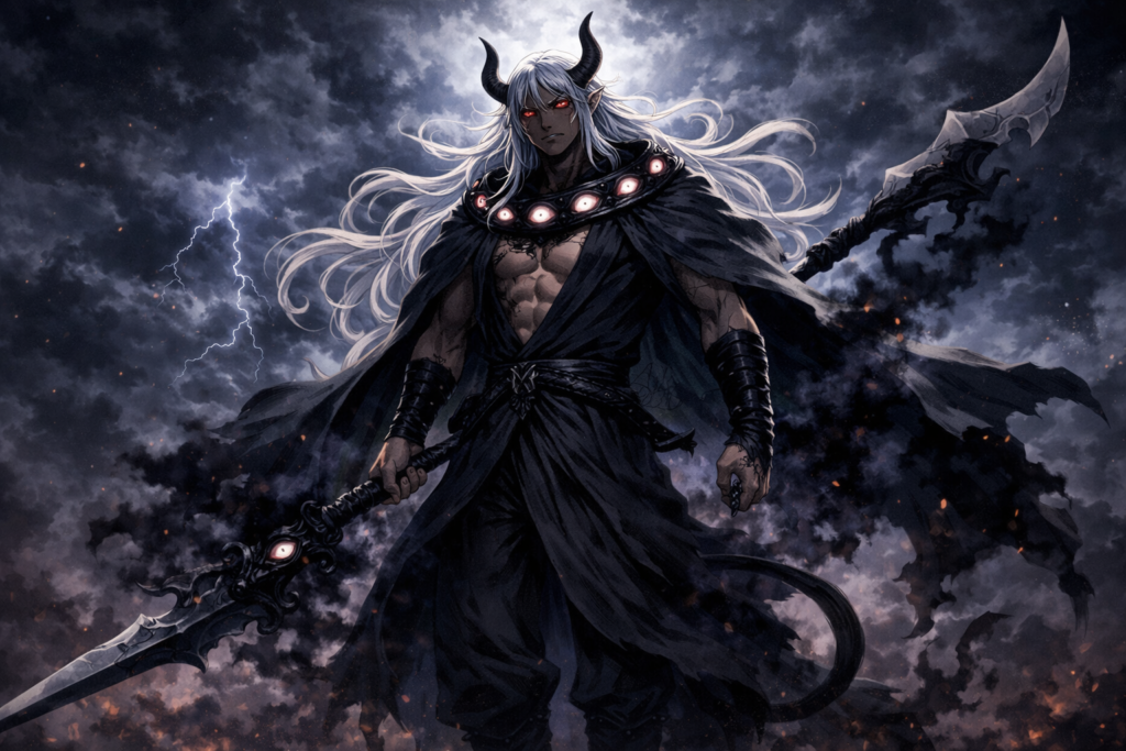 A complete visual of Imu’s terrifying design, blending divine beauty with an eerie, unnatural presence.