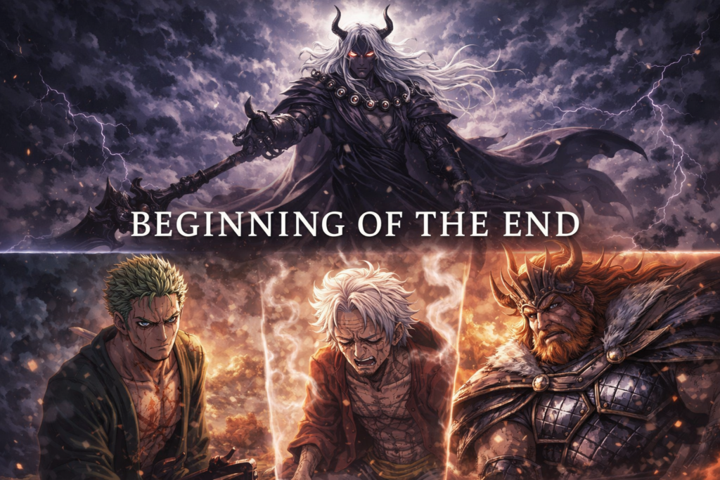 A dramatic poster-style visual capturing the turning point of the final saga—heroes vs a god.