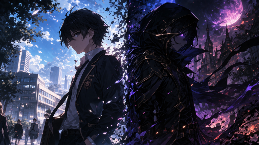 Visually represents Cid’s double life—ordinary student vs ultimate shadow ruler.