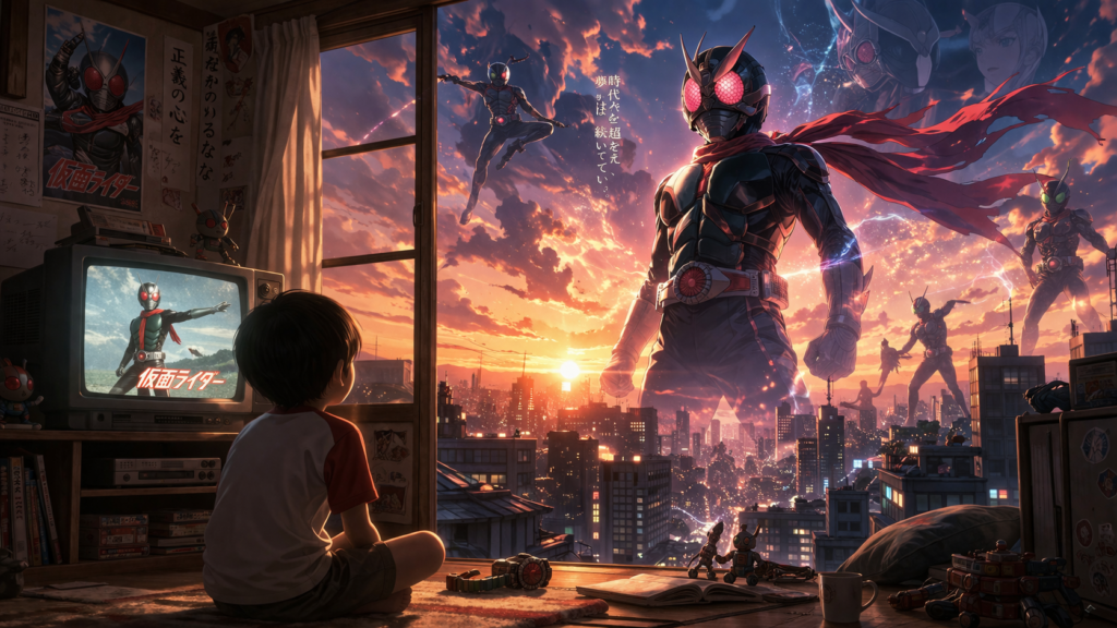 Captures the emotional connection fans have with Kamen Rider—past meets future.