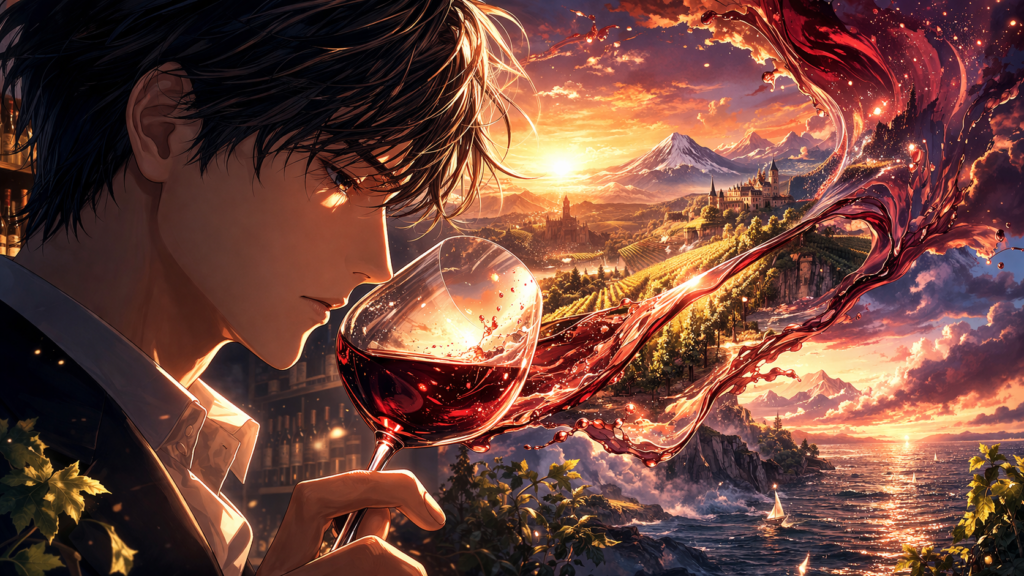 A powerful opening visual showing how wine tasting becomes a magical, emotional journey—perfect as the main blog banner.