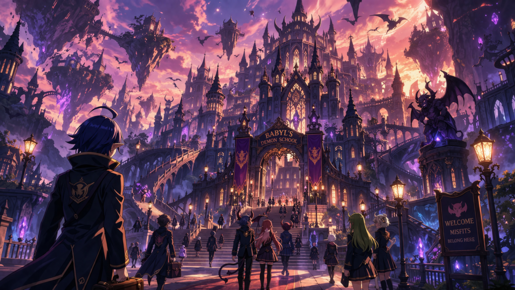 Showcases the unique setting of the demon world school, helping readers visualize the anime’s universe.