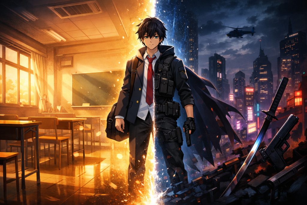 A powerful visual showing the dual life of Kill Blue’s protagonist—balancing school life and assassin duties, symbolizing the anime’s core theme.