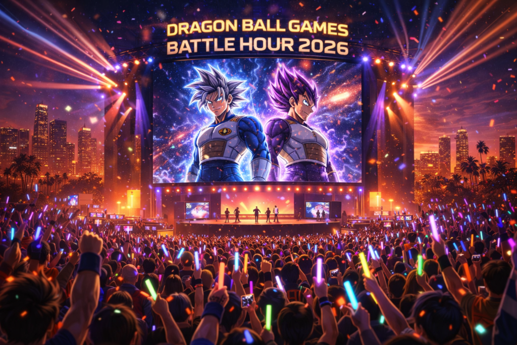 Captures the excitement of Dragon Ball Battle Hour 2026, where major announcements and reveals are expected.