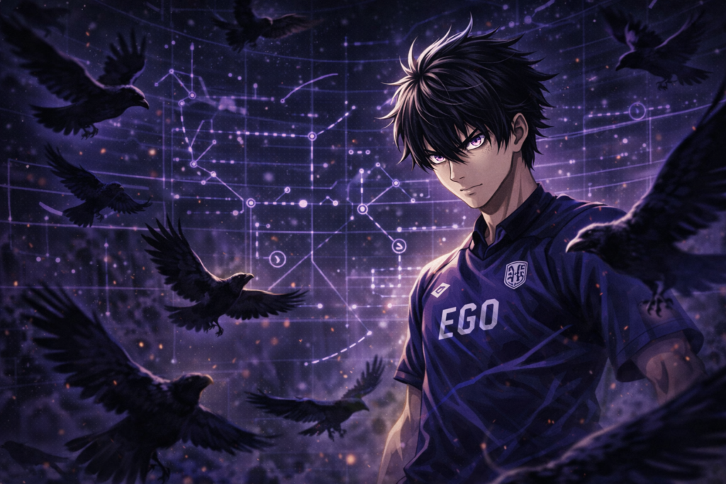 Visualizes Karasu’s metavision and his rebirth as a strategic “Number 2” controller.