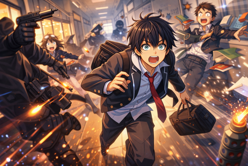 Captures the unique blend of humor and action that makes Kill Blue stand out.