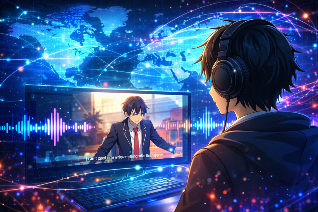 Represents the global impact of same-day English dubs, where fans worldwide experience anime simultaneously.