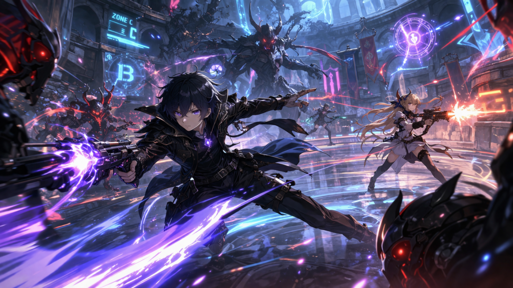 Captures the high-speed action of Dungeon and Mystery Girl, highlighting its arena shooter gameplay style.