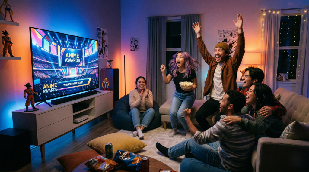 Highlights the fan experience—watching and celebrating their favorite anime wins.