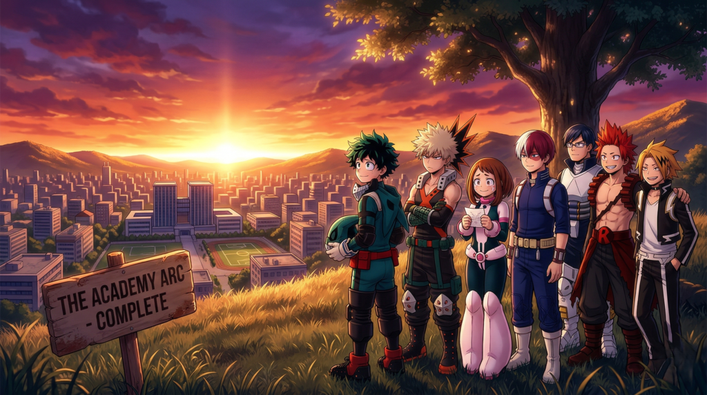 A heartfelt tribute visual representing the 10-year journey and conclusion of My Hero Academia.