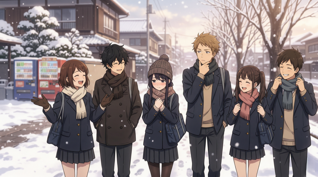 Highlights the ensemble cast and their unique personalities, reinforcing the “coming-of-age group story” aspect.