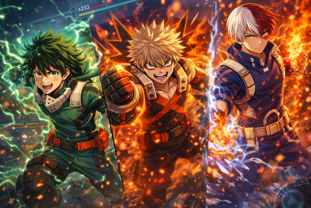 Highlights the upcoming mobile game with action-packed visuals featuring main characters in a game-like environment.