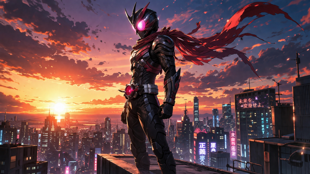 A powerful hero shot showcasing how Kamen Rider could look in full anime form—perfect for grabbing reader attention.