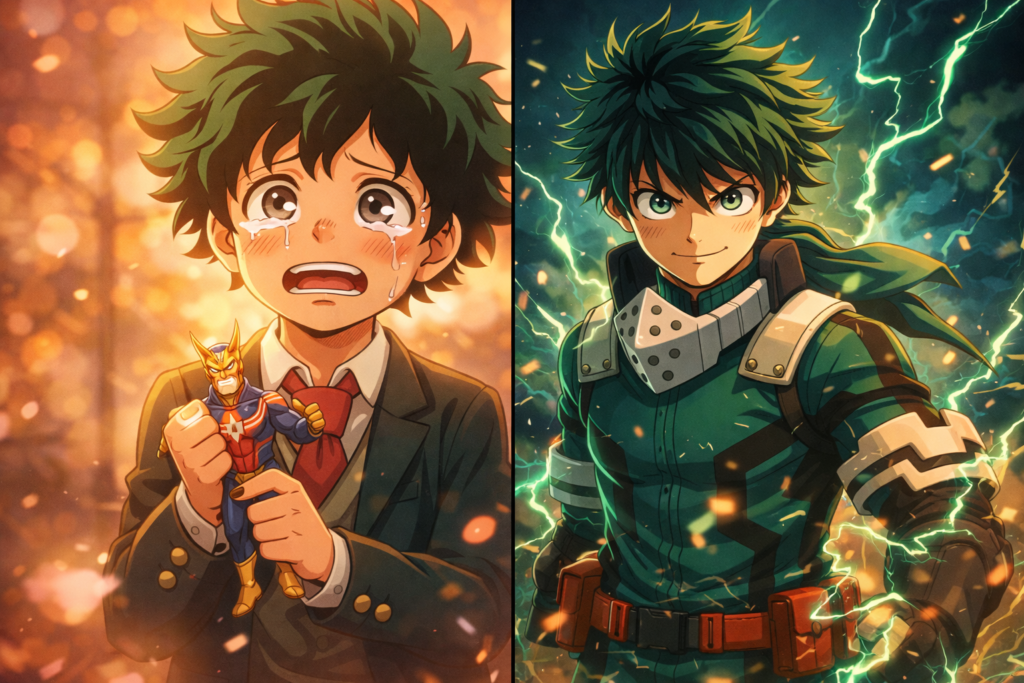 Ten years of storytelling compressed into one powerful image. The contrast between young, hopeless Izuku and the determined adult hero he became tells the entire MHA story without a single word — ideal for the 10th anniversary celebration section of the article.