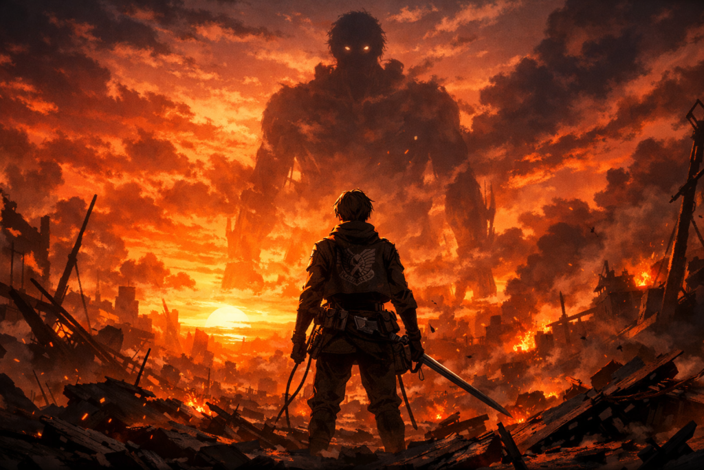 A powerful visual representing the final battle and emotional weight of Attack on Titan, perfect as the blog’s featured image.