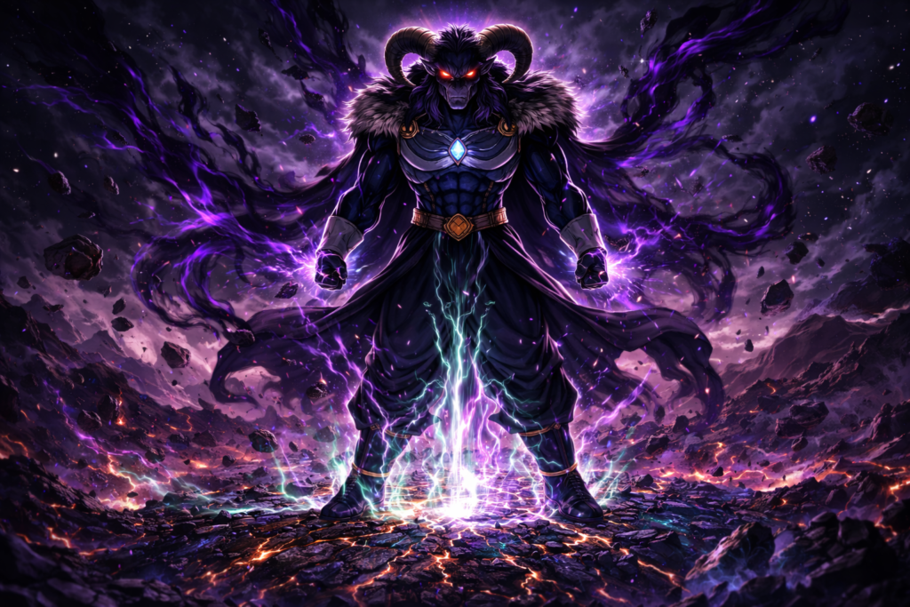 Every great announcement needs a great villain reveal. This image introduces Moro as the terrifying presence he is — ancient, powerful, and unlike anything Goku and Vegeta have faced before. The draining planet beneath him instantly communicates his unique, world-consuming threat without a single word of explanation.