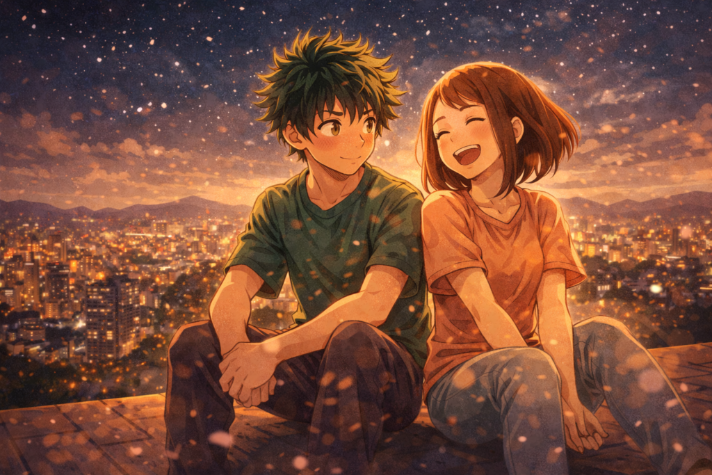 The scene fans have waited nearly a decade for. This rooftop illustration captures the quiet, natural chemistry between Deku and Uravity in a non-costumed, purely human moment — perfectly suited for the IzuOcha relationship discussion in the "More" episode section.