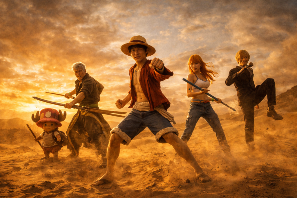 Shows unity and strength of the Straw Hat crew preparing for the Alabasta conflict.